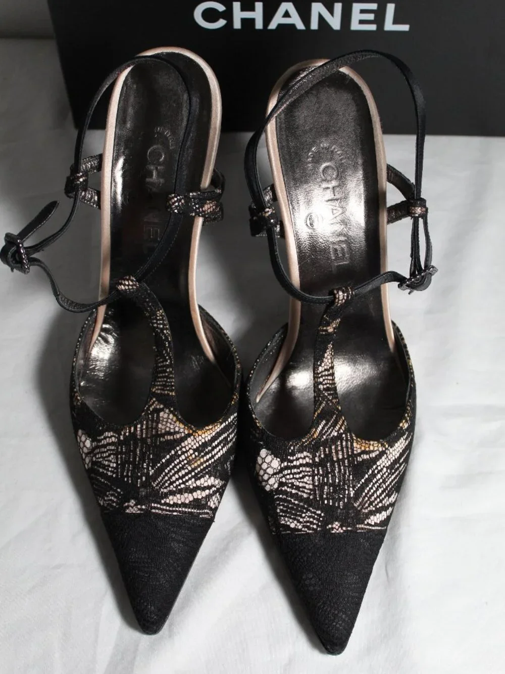 Chanel Black Lace Overlay Satin T-Strap Heels Pointed Toe Pumps 42